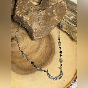 Crescent moon silver alloy/black acrylic bead necklace/halo head piece